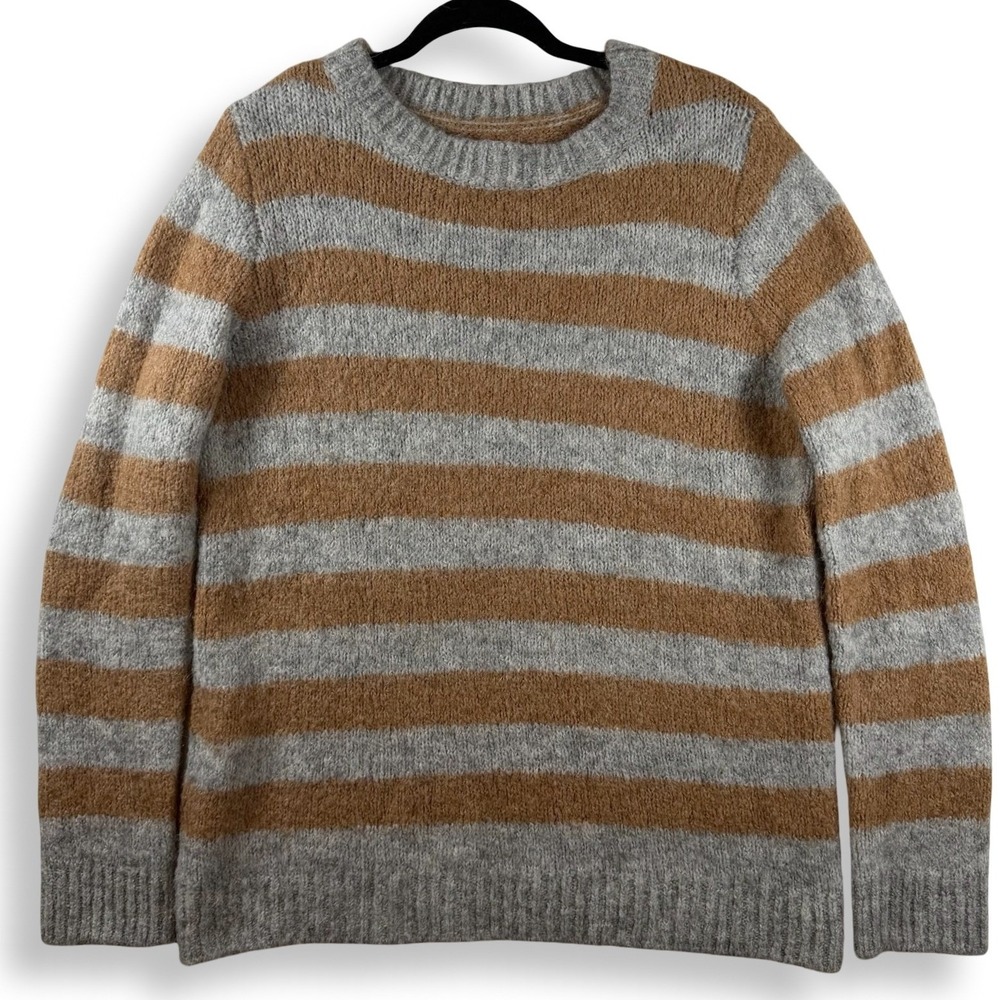 Lou & Grey Striped Alpaca Wool Blend Crewneck Sweater‎ Grey Brown Large